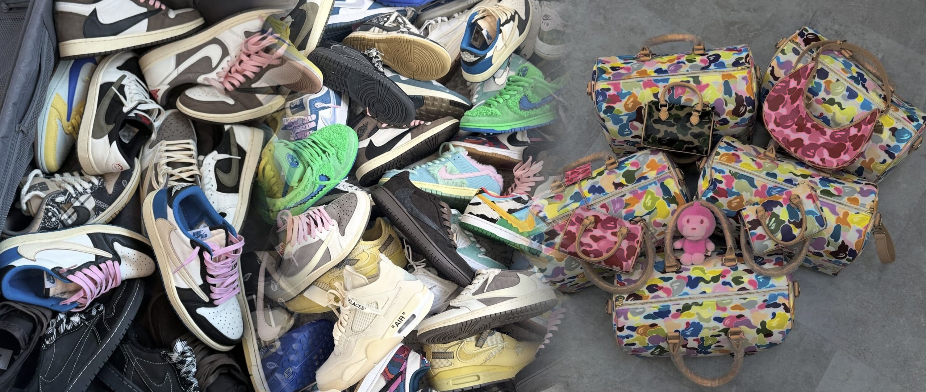 The Sourced By JH archive — a haul of sought-after sneakers including Travis Scott and Off-White Jordans beside BAPE camo bags